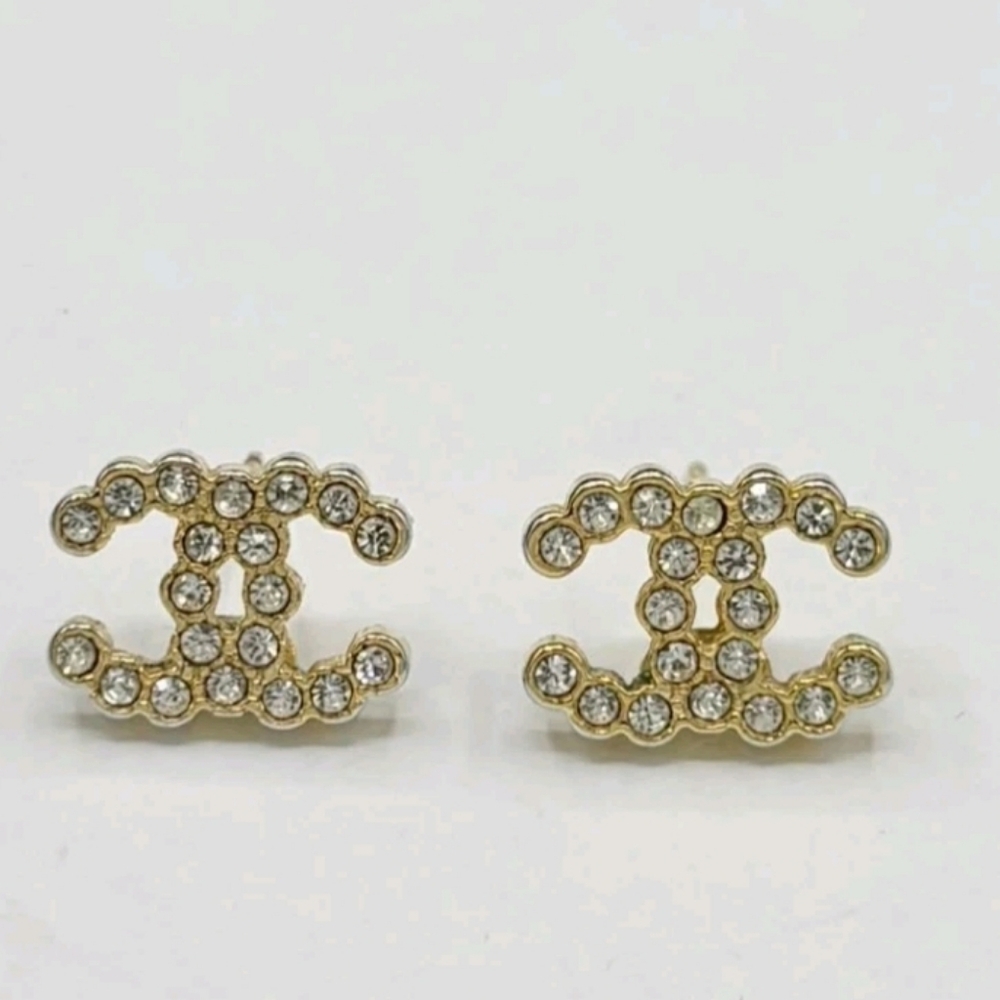 Chanel Rhinestone Gold Tone CC Stud Earrings